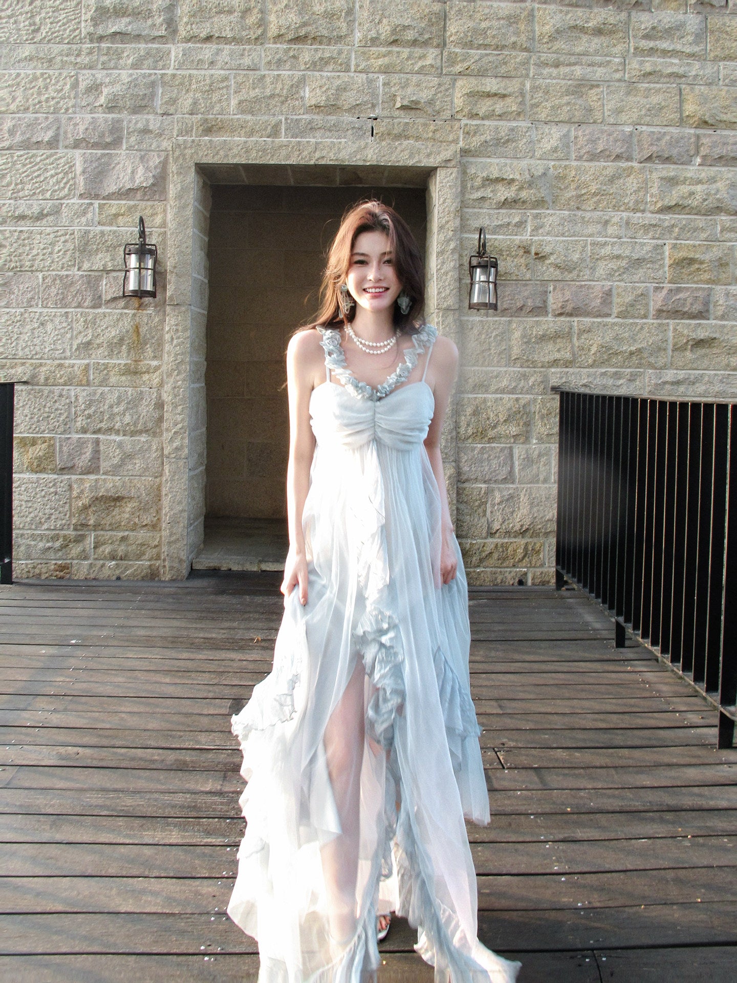 Blue Mesh Ruffled Vacation Dress A Line Wedding Guest Dress   L58
