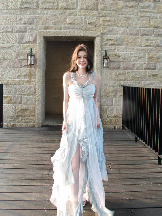 Blue Mesh Ruffled Vacation Dress A Line Wedding Guest Dress   L58