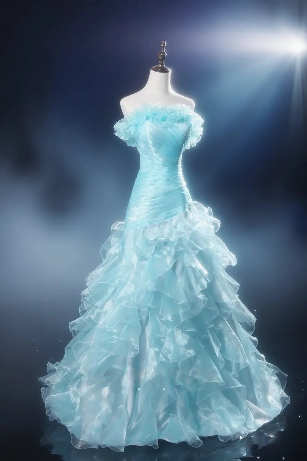 Blue Ruffled Birthday Dresses Sheath Organza Prom Dress  P1205