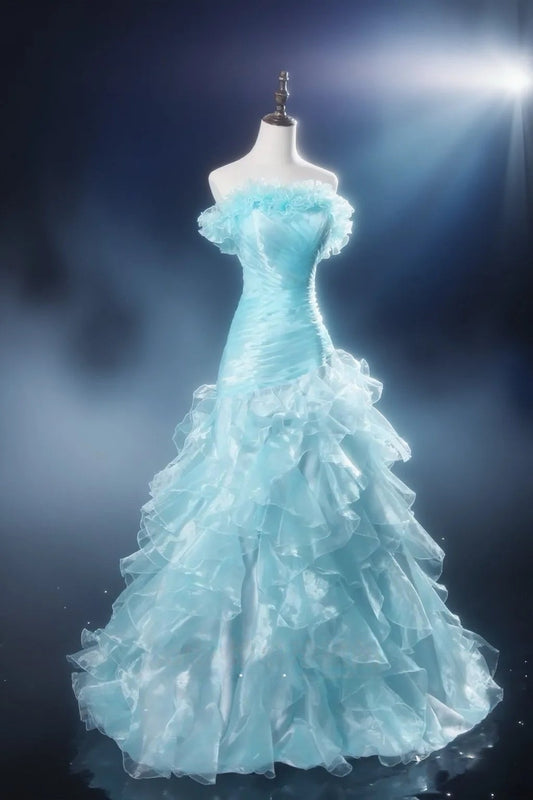Blue Ruffled Birthday Dresses Sheath Organza Prom Dress  P1205