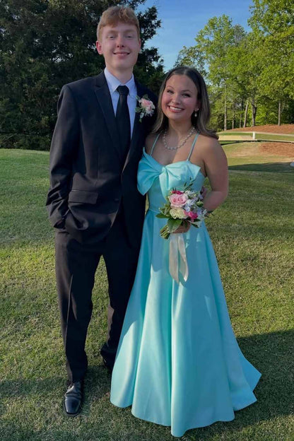 Blue Spaghetti Straps Bow A-Line Satin Prom Dress  P2502