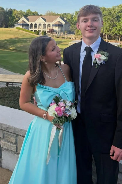 Blue Spaghetti Straps Bow A-Line Satin Prom Dress  P2502