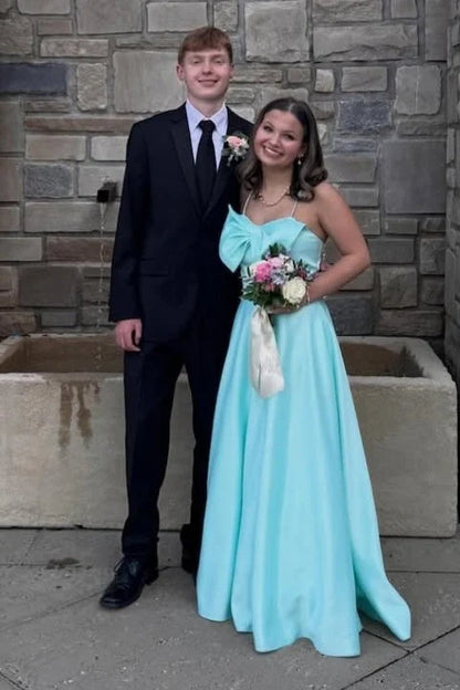 Blue Spaghetti Straps Bow A-Line Satin Prom Dress  P2502