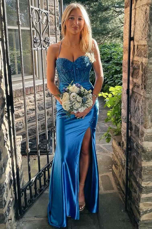 Blue Spaghetti Straps Sweetheart Mermaid Prom Dress With Slit  P2501