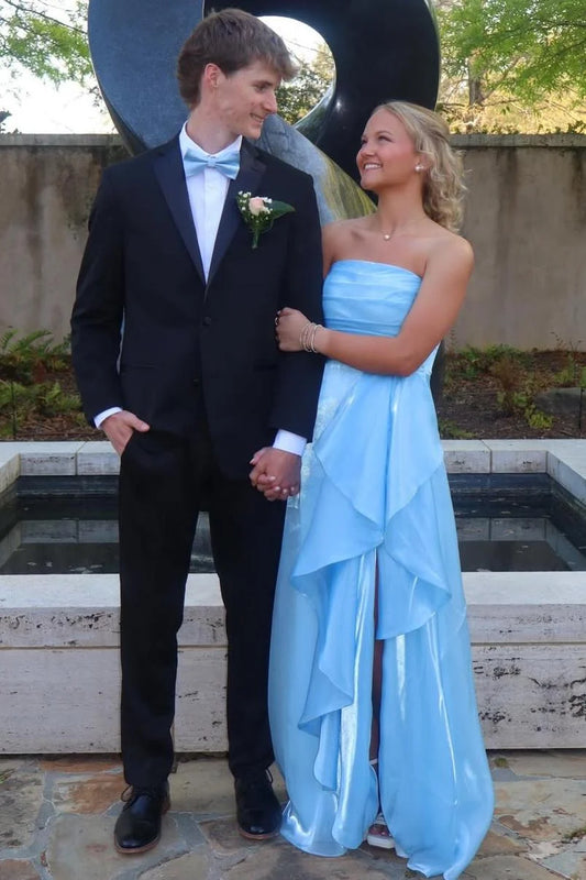 Blue Strapless A-Line Ruffles Formal Prom Dress Wedding Guest Dress  P2533
