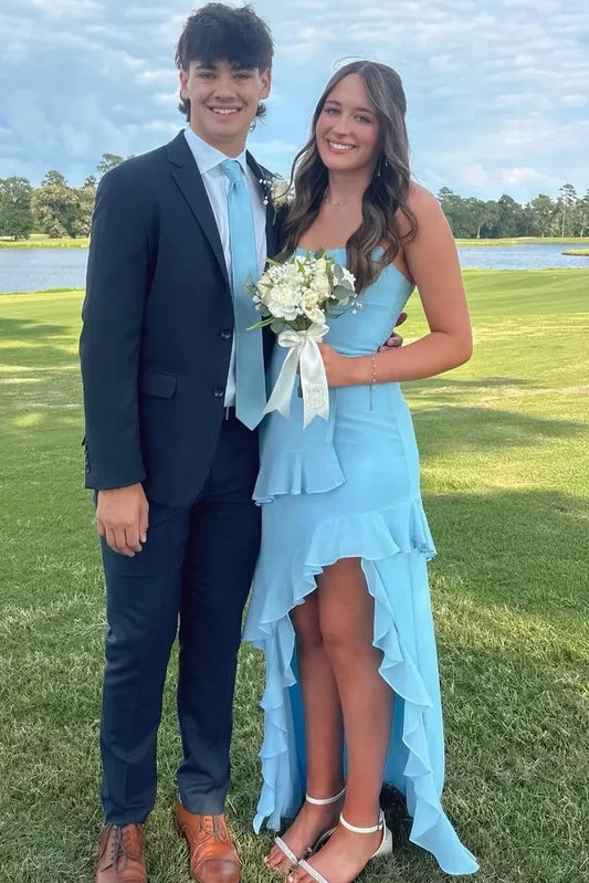 Blue Strapless Ruffles Layered Chiffon Prom Dress With Slit  P2524