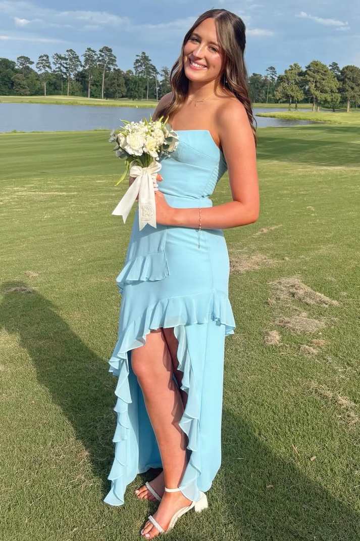 Blue Strapless Ruffles Layered Chiffon Prom Dress With Slit  P2524