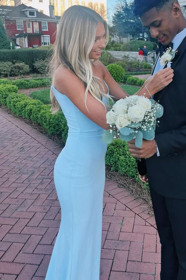 Blue Strapless Scoop Neck Pleats Mermaid Long Prom Dress  P2567