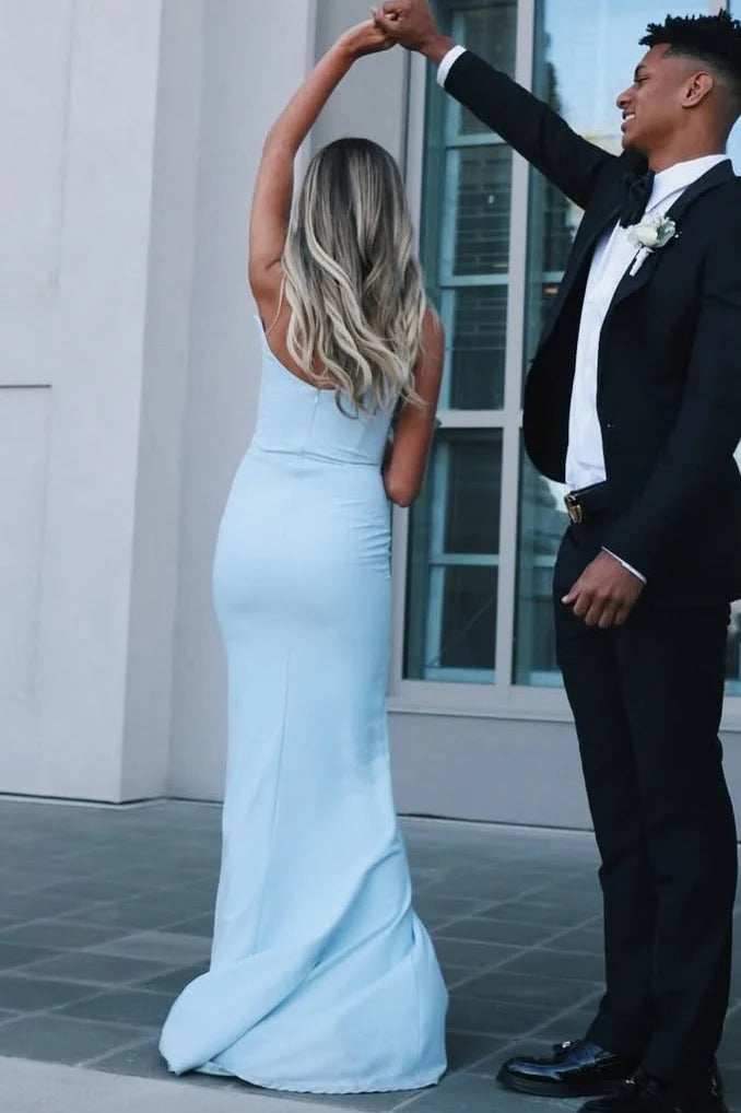 Blue Strapless Scoop Neck Pleats Mermaid Long Prom Dress  P2567