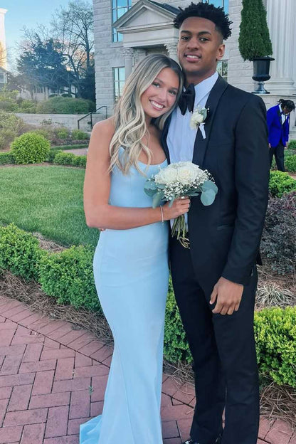 Blue Strapless Scoop Neck Pleats Mermaid Long Prom Dress  P2567