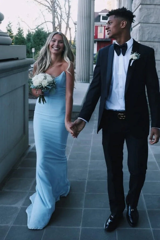 Blue Strapless Scoop Neck Pleats Mermaid Long Prom Dress  P2567