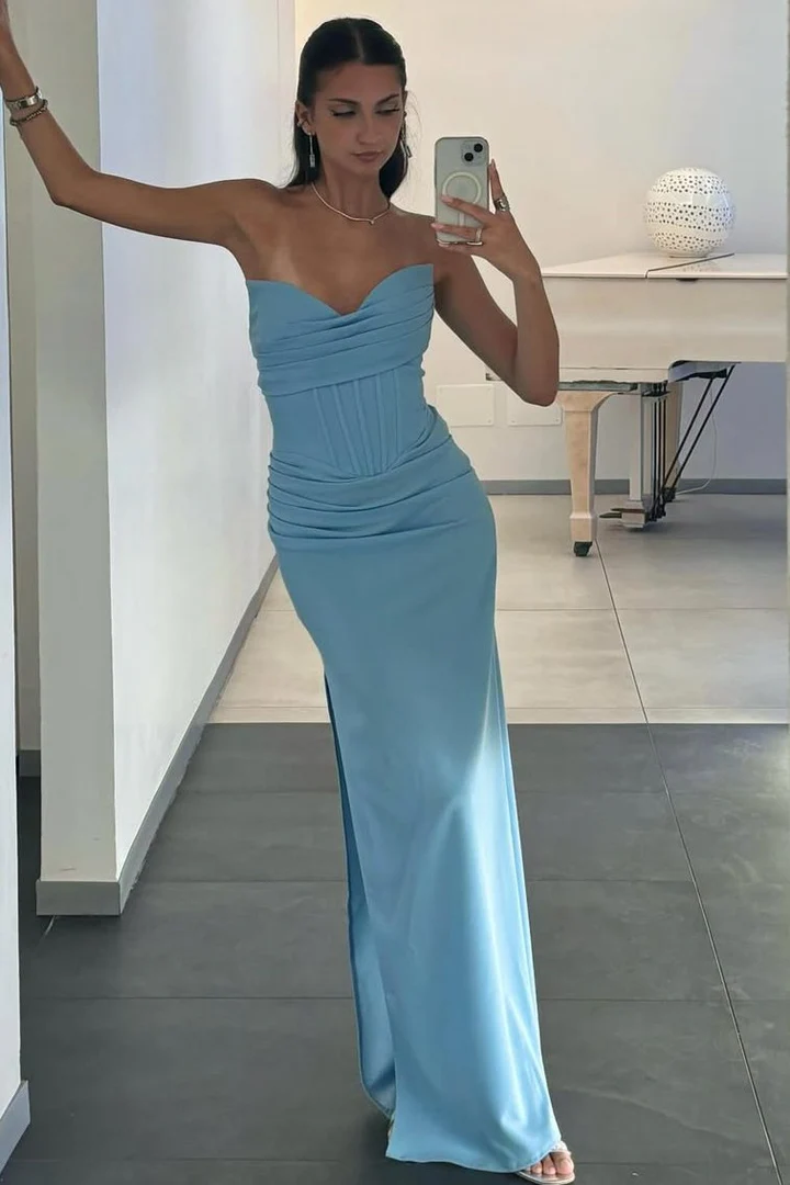 Blue Strapless V-Neck Fitted Pleats Formal Prom Dress With Slit  P856