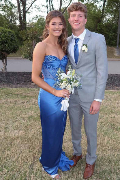 Blue Sweetheart Beaded Sheath Formal Long Prom Dress  P2523
