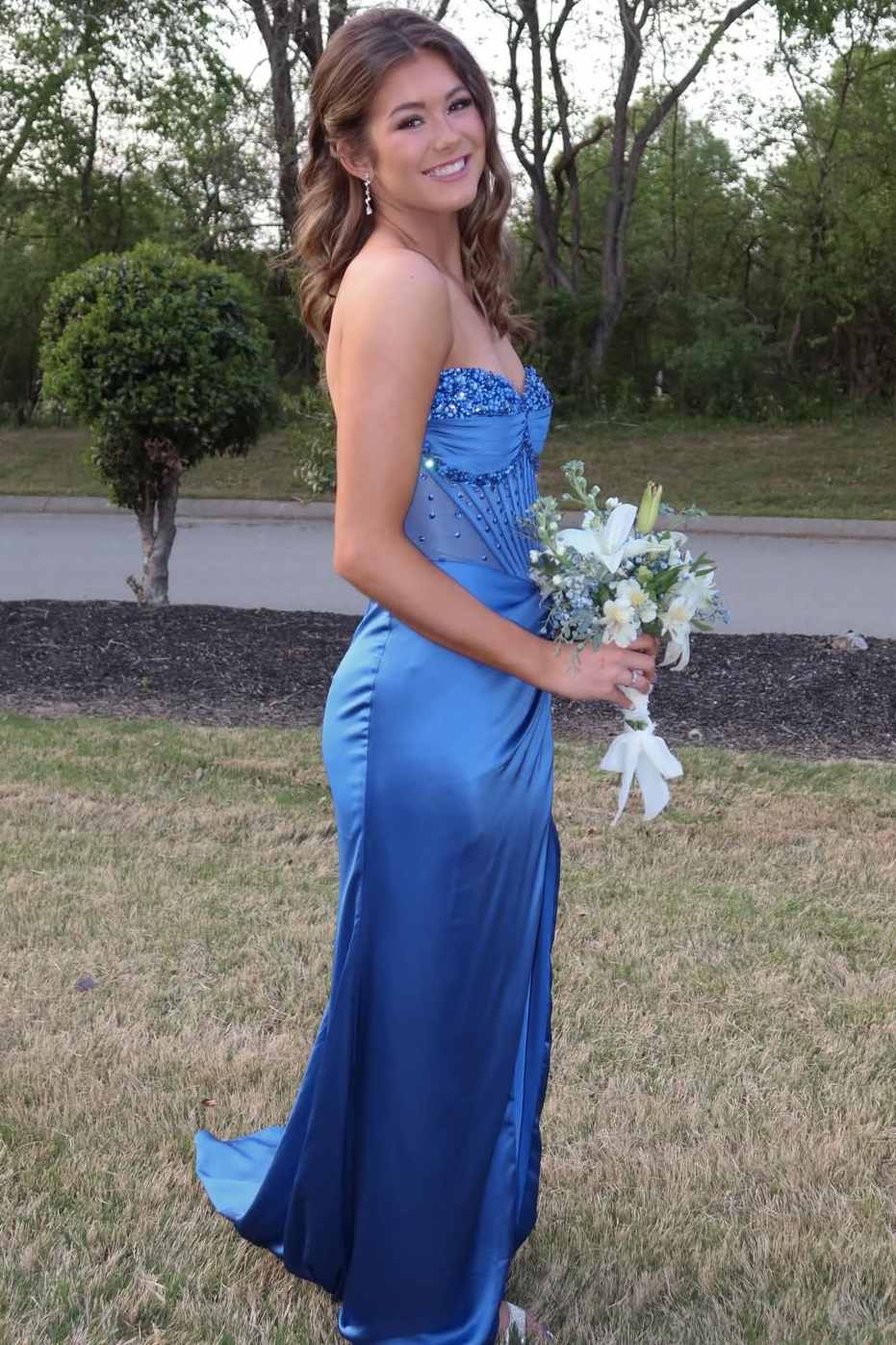 Blue Sweetheart Beaded Sheath Formal Long Prom Dress  P2523