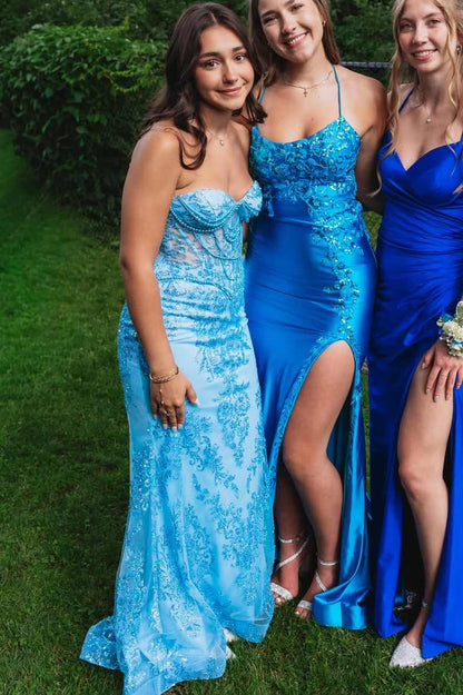 Blue Sweetheart Lace Mermaid Long Prom Dress With Beads  P2443