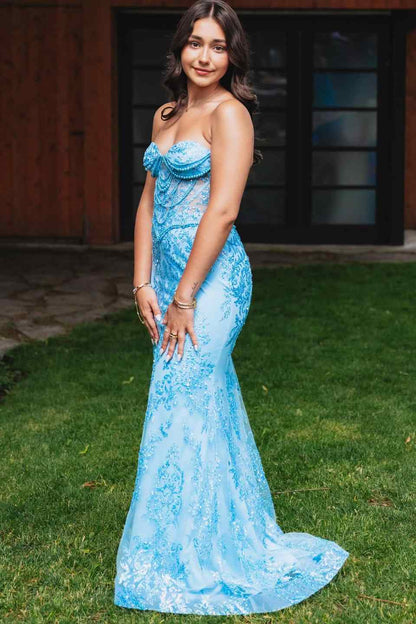 Blue Sweetheart Lace Mermaid Long Prom Dress With Beads  P2443