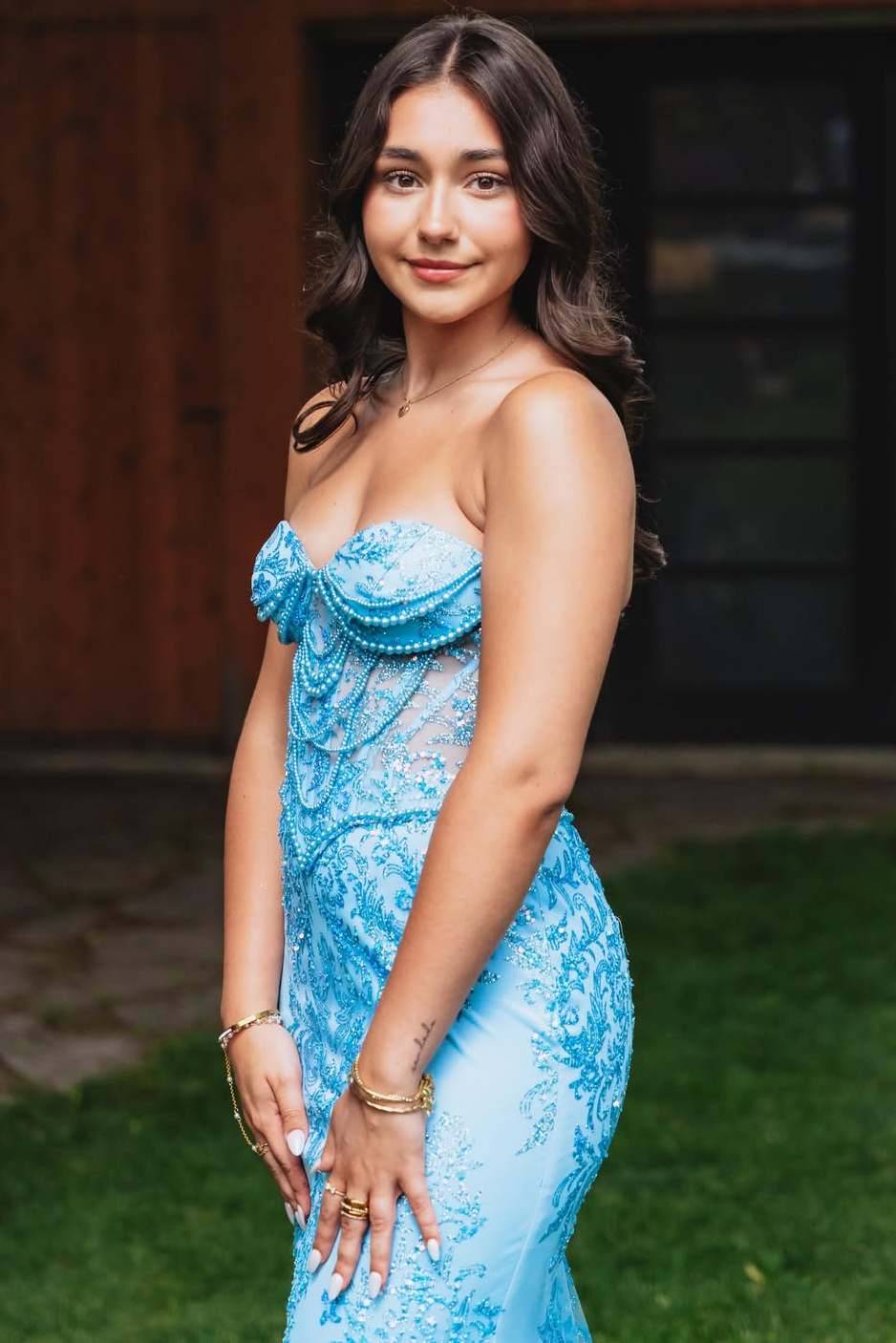 Blue Sweetheart Lace Mermaid Long Prom Dress With Beads  P2443