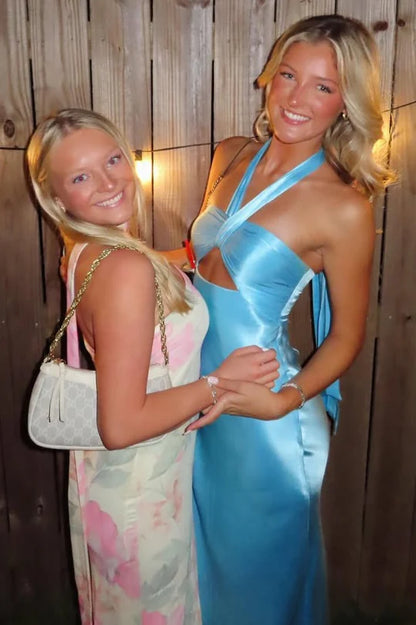 Blue Halter Satin Sheath Long Prom Formal Dress P994