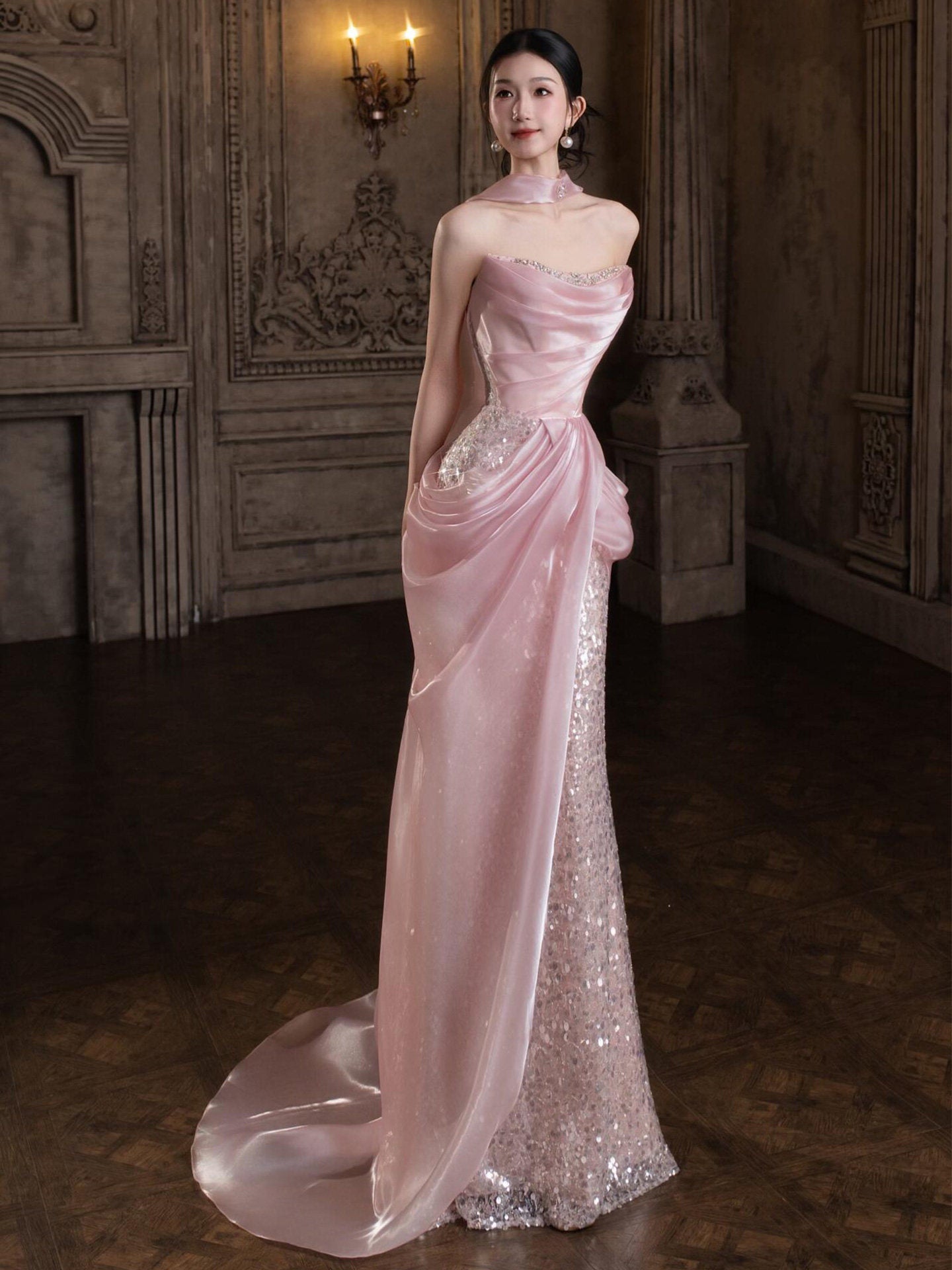 Blush Pink Mermaid Prom Dress Sequins Evening Dress  P889