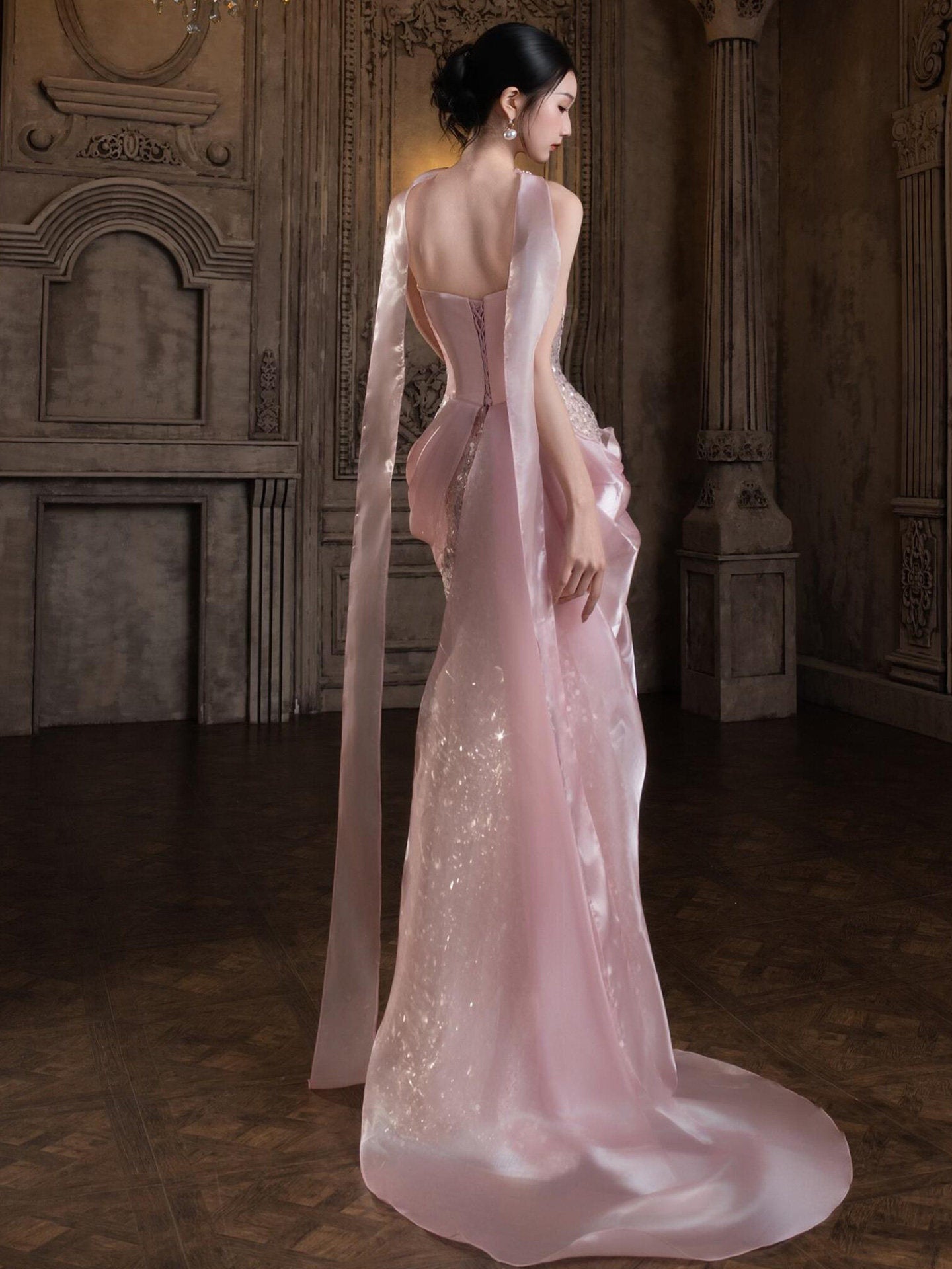 Blush Pink Mermaid Prom Dress Sequins Evening Dress  P889