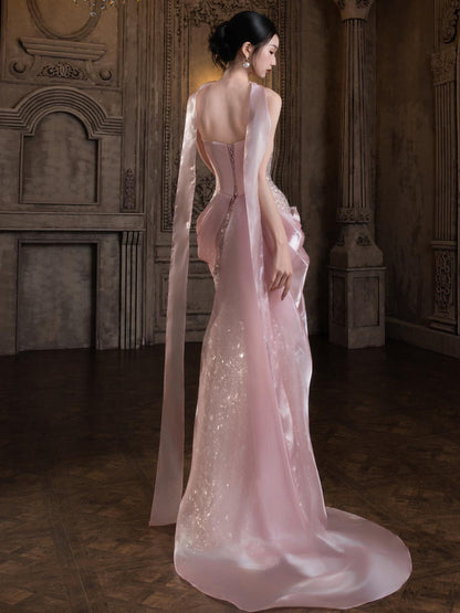 Blush Pink Mermaid Prom Dress Sequins Evening Dress  P889