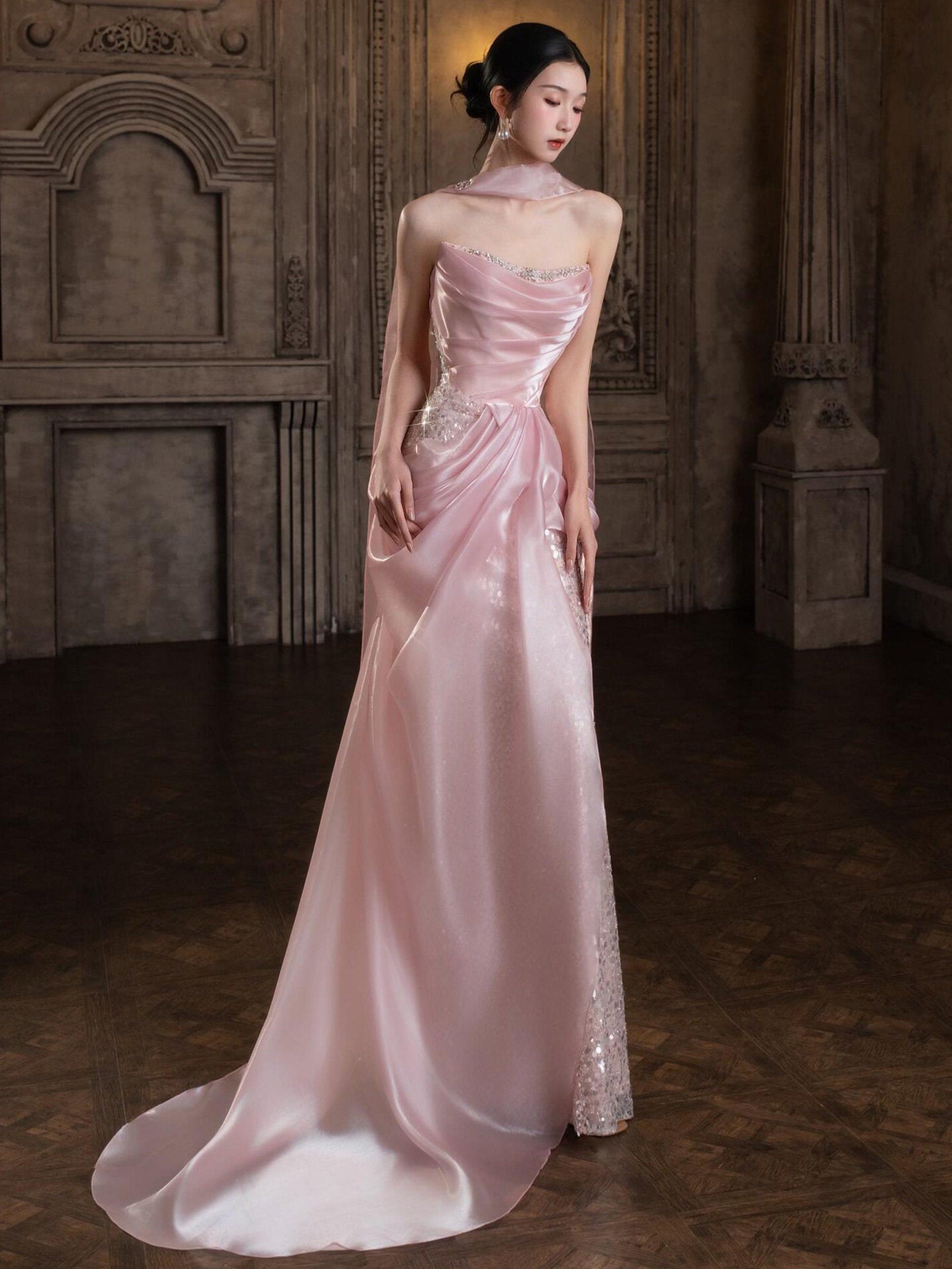 Blush Pink Mermaid Prom Dress Sequins Evening Dress  P889