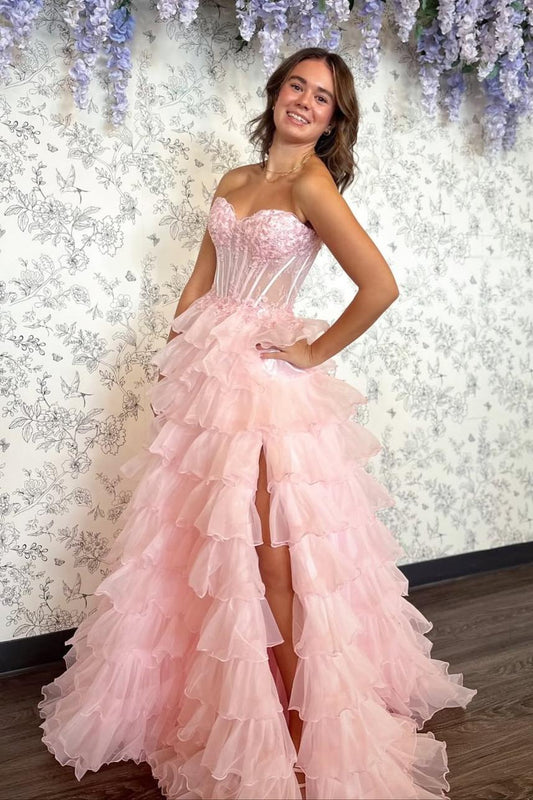 Blush Pink Sweetheart Corset Tiered Tulle Prom Gown With Slit  P1013
