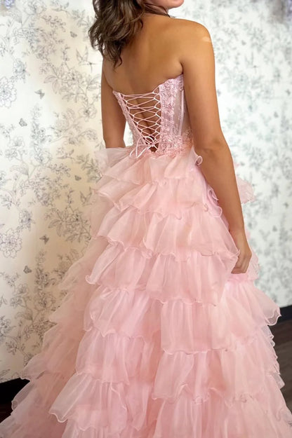 Blush Pink Sweetheart Corset Tiered Tulle Prom Gown With Slit  P1013