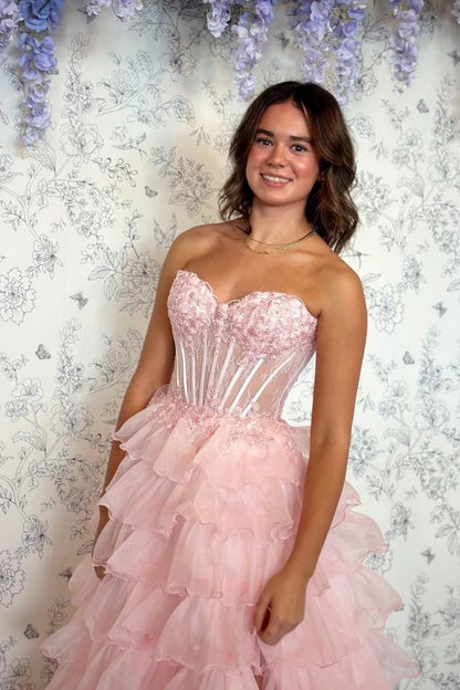 Blush Pink Sweetheart Corset Tiered Tulle Prom Gown With Slit  P1013