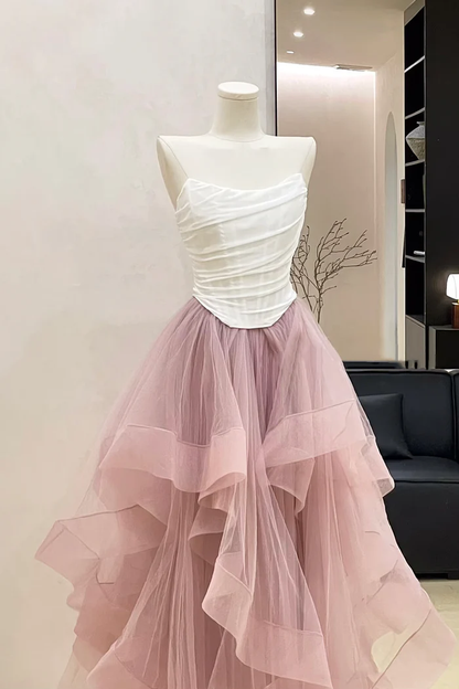 Blush Pink Tulle Prom Dress A Line Strapless Evening Dress  P649
