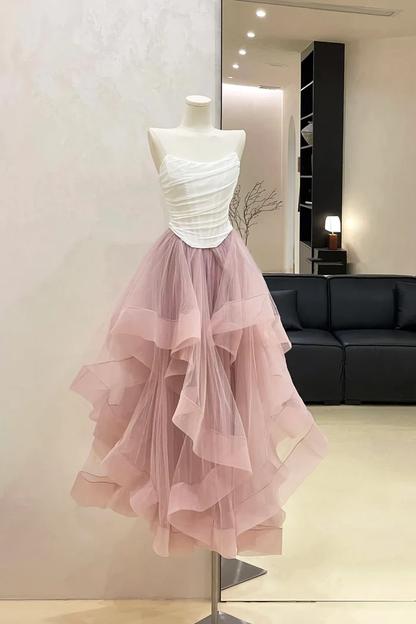 Blush Pink Tulle Prom Dress A Line Strapless Evening Dress  P649