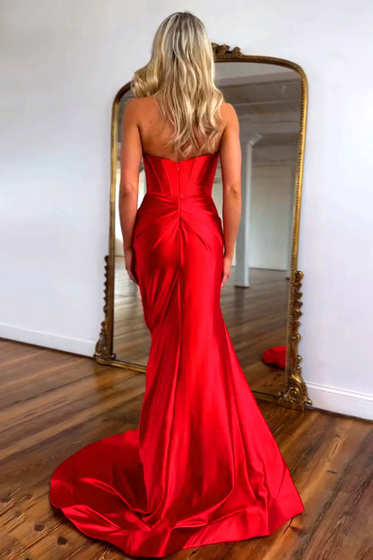Bow knot Sweetheart Mermaid Red Long Prom Dress With Slit  P968