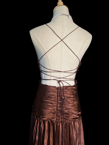 Brown Satin Pleated Long Prom Dress Spaghetti Straps A Line Evening Dress  P927