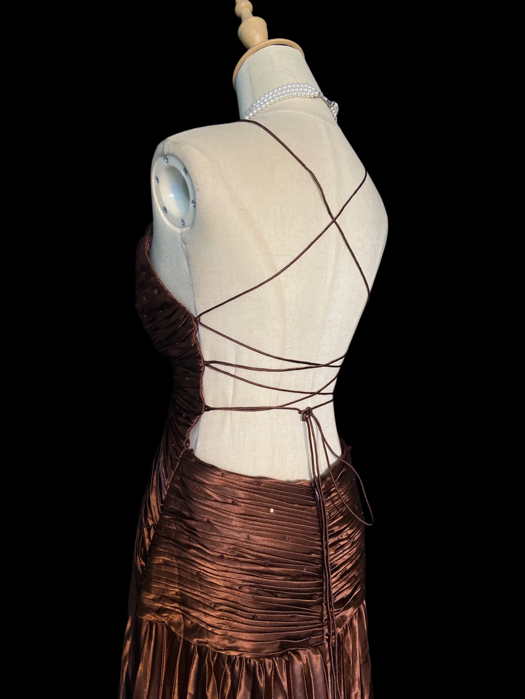 Brown Satin Pleated Long Prom Dress Spaghetti Straps A Line Evening Dress  P927
