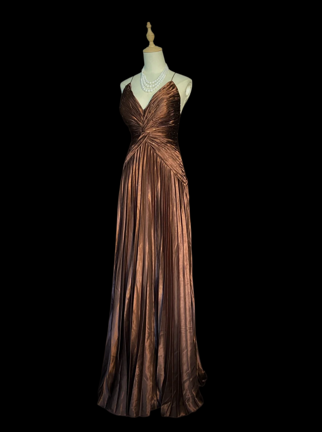 Brown Satin Pleated Long Prom Dress Spaghetti Straps A Line Evening Dress  P927
