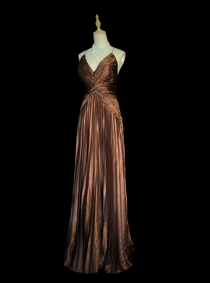 Brown Satin Pleated Long Prom Dress Spaghetti Straps A Line Evening Dress  P927