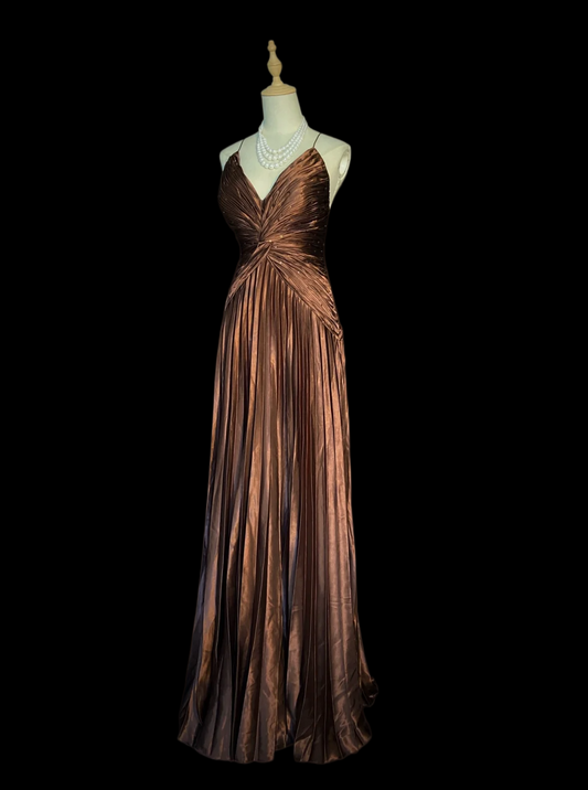 Brown Satin Pleated Long Prom Dress Spaghetti Straps A Line Evening Dress  P927
