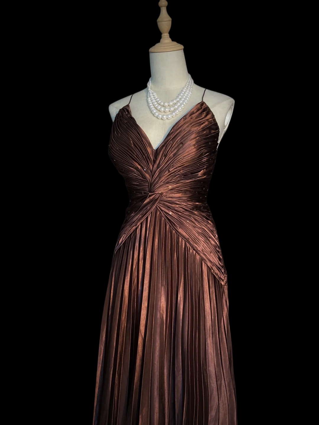 Brown Satin Pleated Long Prom Dress Spaghetti Straps A Line Evening Dress  P927