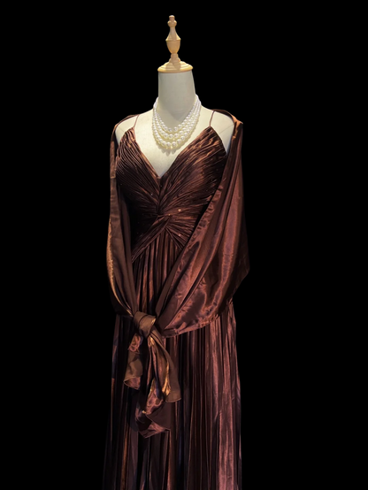 Brown Satin Pleated Long Prom Dress Spaghetti Straps A Line Evening Dress  P927