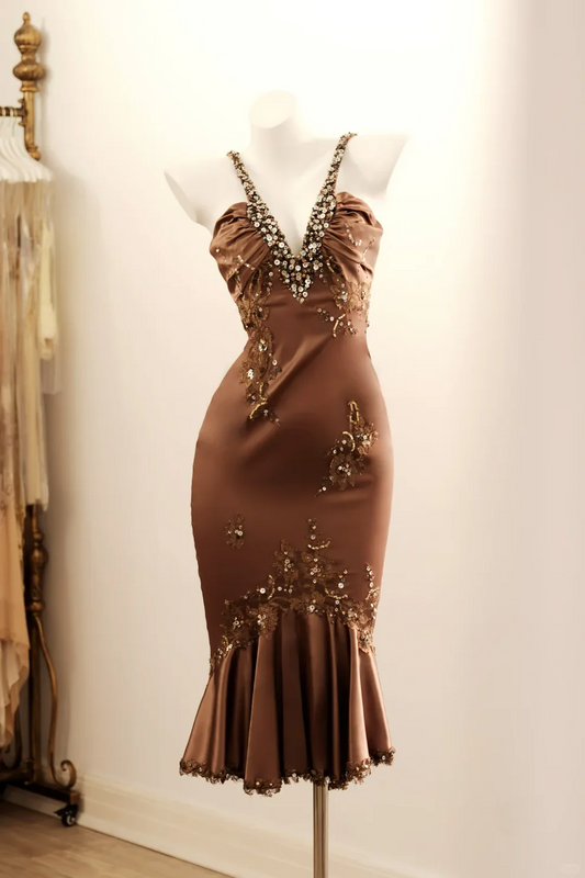 Brown Sheath V Neck Evening Dress With Appliques Satin Short Dress  P699
