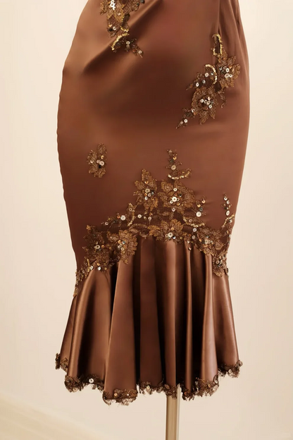 Brown Sheath V Neck Evening Dress With Appliques Satin Short Dress  P699