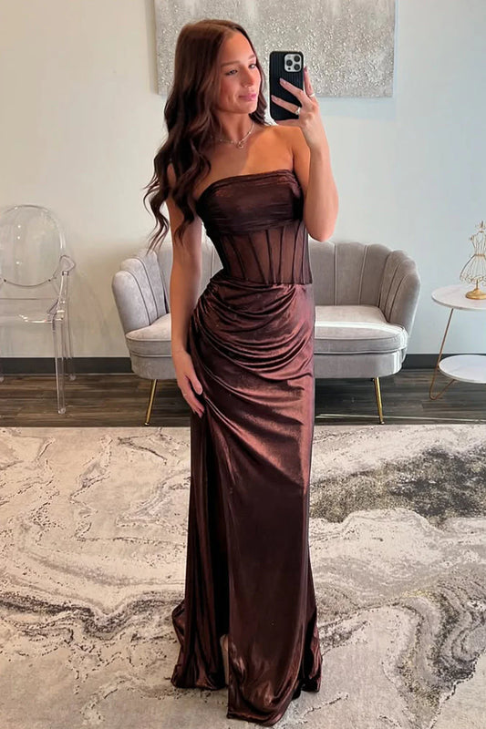 Brown Strapless Mermaid Prom Dress Sheath Evening Dress With High Slit  P967