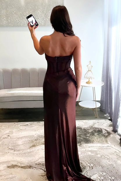 Brown Strapless Mermaid Prom Dress Sheath Evening Dress With High Slit  P967