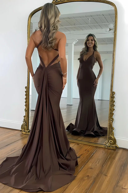 Brown V-Neck Backless Long Mermaid Prom Dress  P971