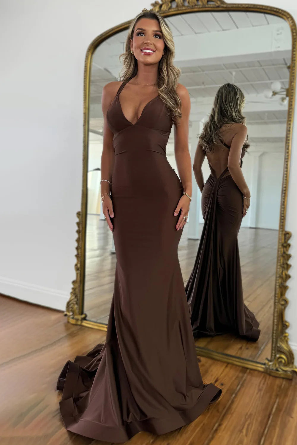 Brown V-Neck Backless Long Mermaid Prom Dress  P971