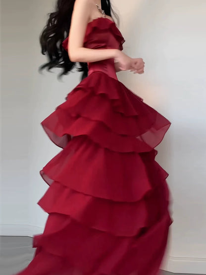 Burgundy Chiffon Layered Prom Dress Formal Party Gown  P627