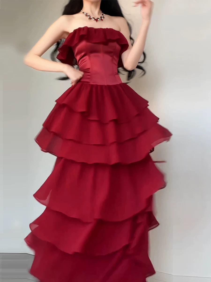 Burgundy Chiffon Layered Prom Dress Formal Party Gown  P627