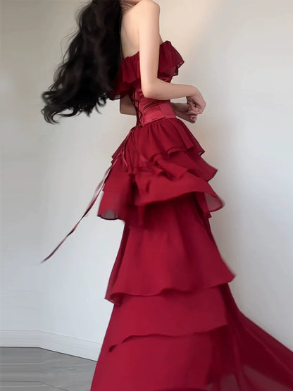 Burgundy Chiffon Layered Prom Dress Formal Party Gown  P627
