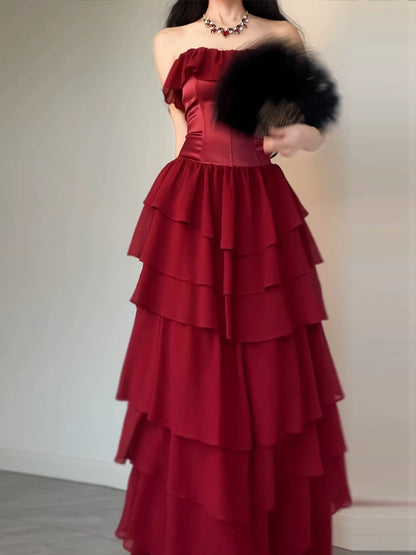Burgundy Chiffon Layered Prom Dress Formal Party Gown  P627