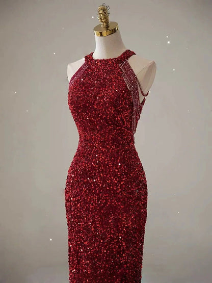 Burgundy Mermaid Sequin Prom Dress Sparkle Evening Gown  P1400
